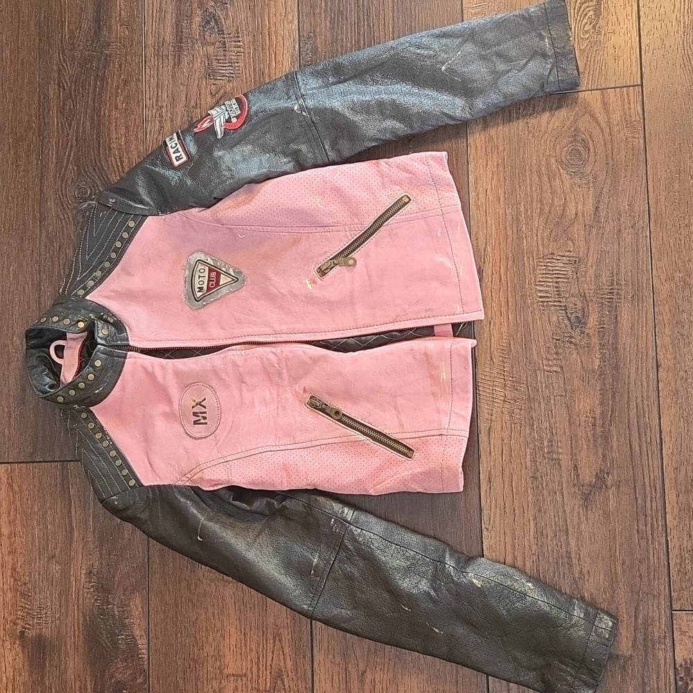 Wilsons Leather Vintage Distressed Moto Biker Jacket Pink Black Y2K Race